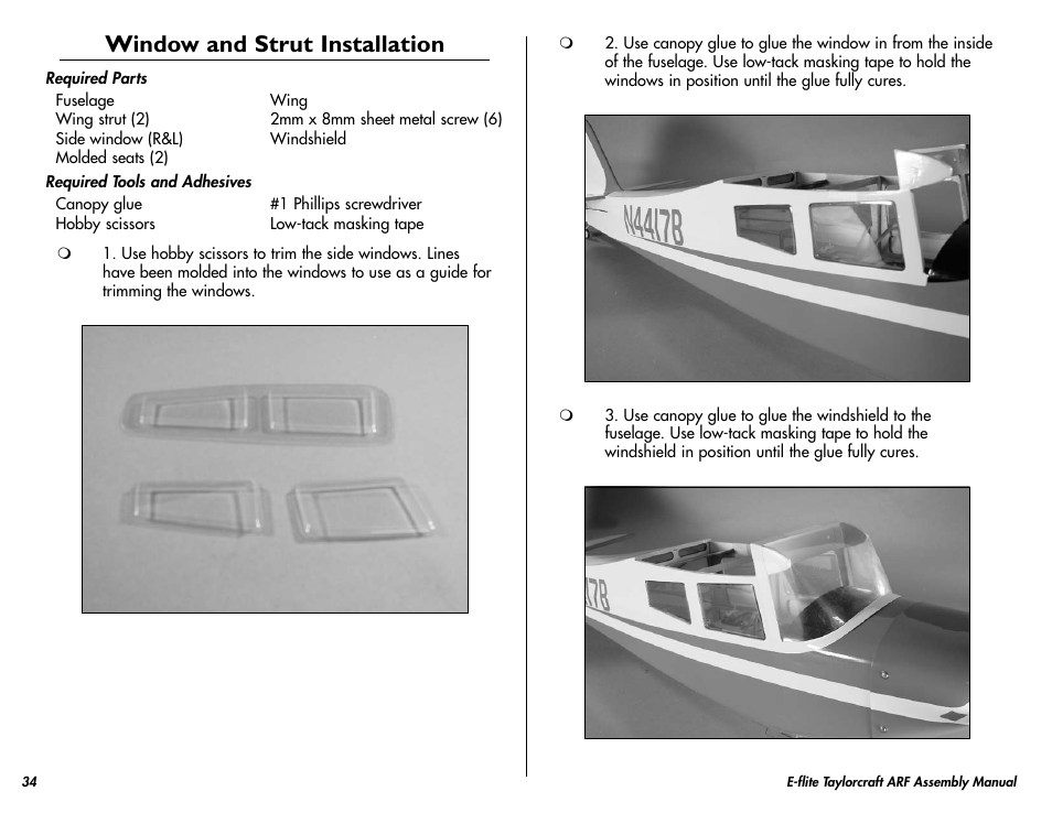 Window and strut installation | E-flite Taylorcraft 450 ARF User Manual | Page 34 / 40