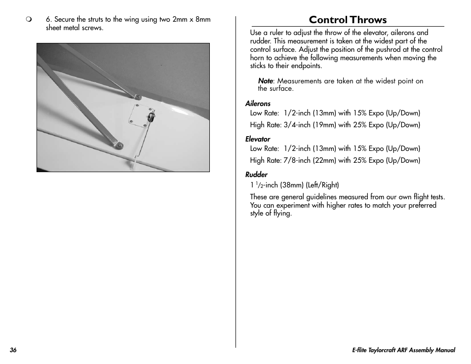 Control throws | E-flite Taylorcraft 450 ARF User Manual | Page 36 / 40
