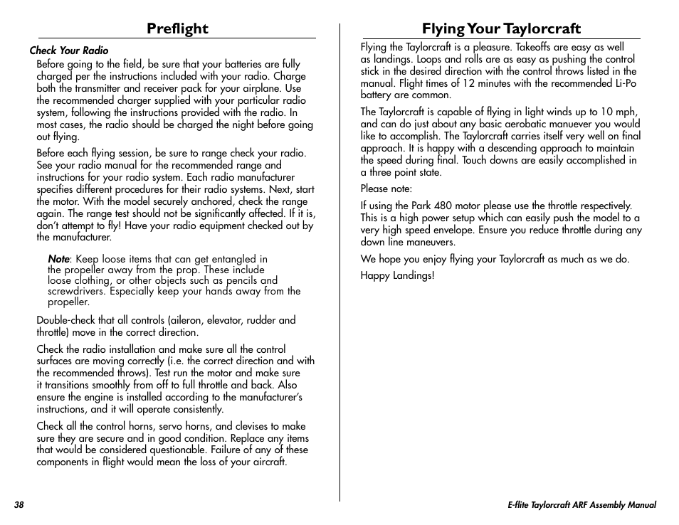 Preflight, Flying your taylorcraft | E-flite Taylorcraft 450 ARF User Manual | Page 38 / 40