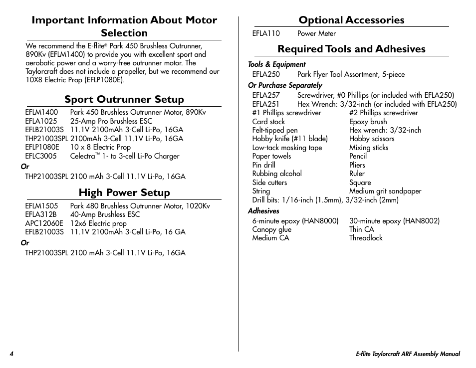 Important information about motor selection, Sport outrunner setup, High power setup | Optional accessories, Required tools and adhesives | E-flite Taylorcraft 450 ARF User Manual | Page 4 / 40