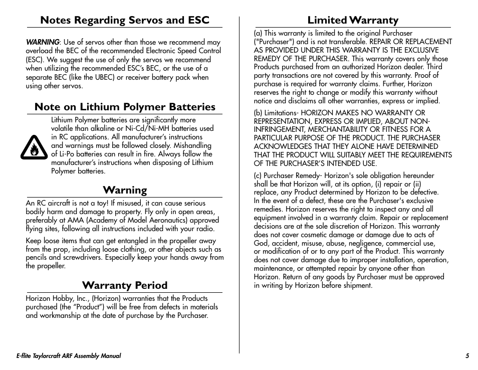 Warning, Warranty period, Limited warranty | E-flite Taylorcraft 450 ARF User Manual | Page 5 / 40