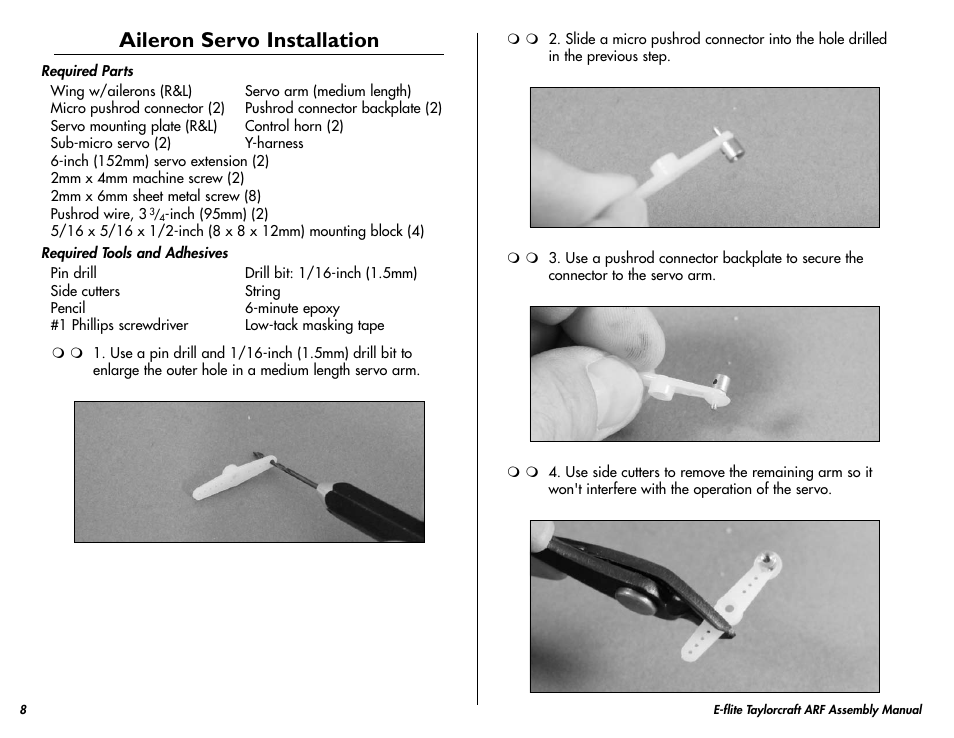 Aileron servo installation | E-flite Taylorcraft 450 ARF User Manual | Page 8 / 40