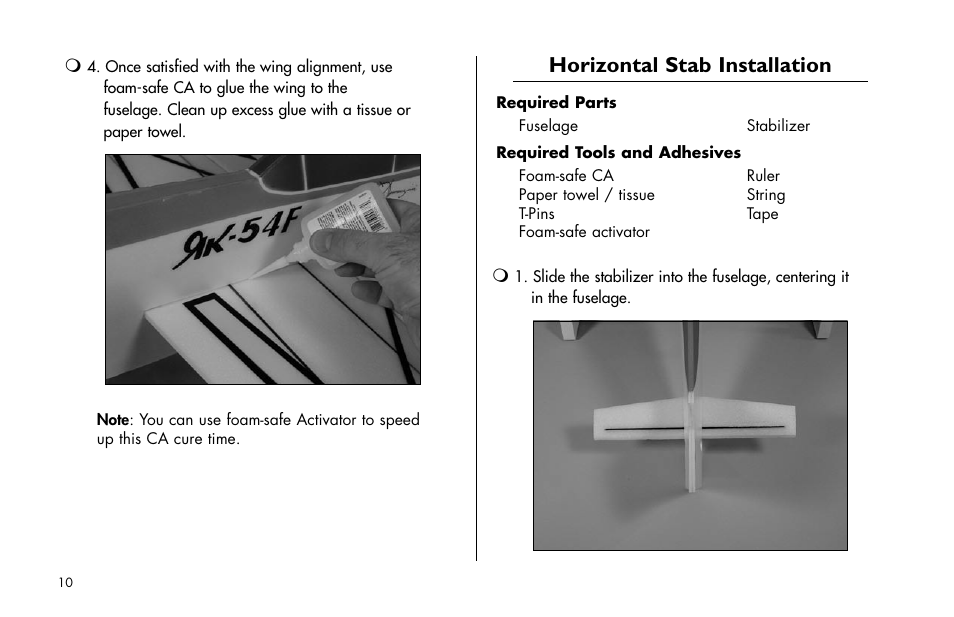 Horizontal stab installation | E-flite Yak 54F 3D ARF User Manual | Page 10 / 31