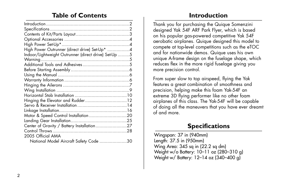 E-flite Yak 54F 3D ARF User Manual | Page 2 / 31