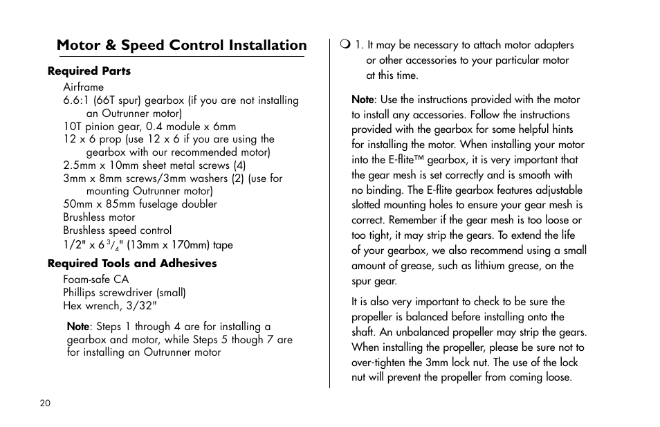 Motor & speed control installation | E-flite Yak 54F 3D ARF User Manual | Page 20 / 31