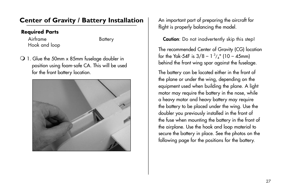 Center of gravity / battery installation | E-flite Yak 54F 3D ARF User Manual | Page 27 / 31