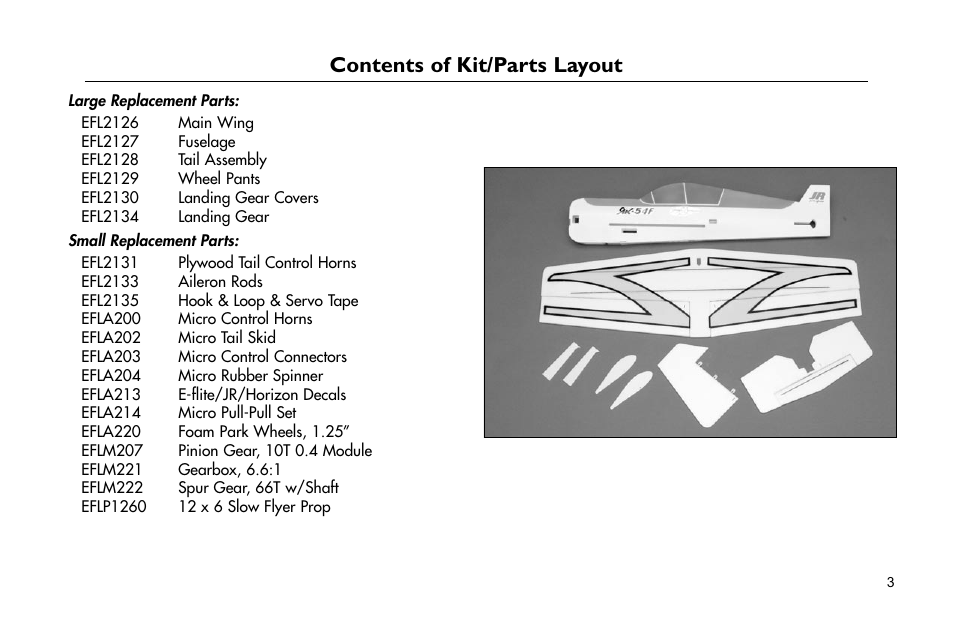 Contents of kit/parts layout | E-flite Yak 54F 3D ARF User Manual | Page 3 / 31