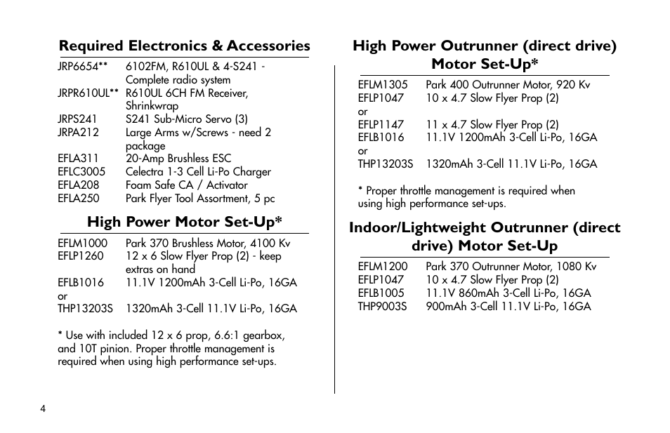 Optional accessories, High power set-up, High power outrunner (direct drive) set-up | Required electronics & accessories, High power motor set-up, High power outrunner (direct drive) motor set-up | E-flite Yak 54F 3D ARF User Manual | Page 4 / 31