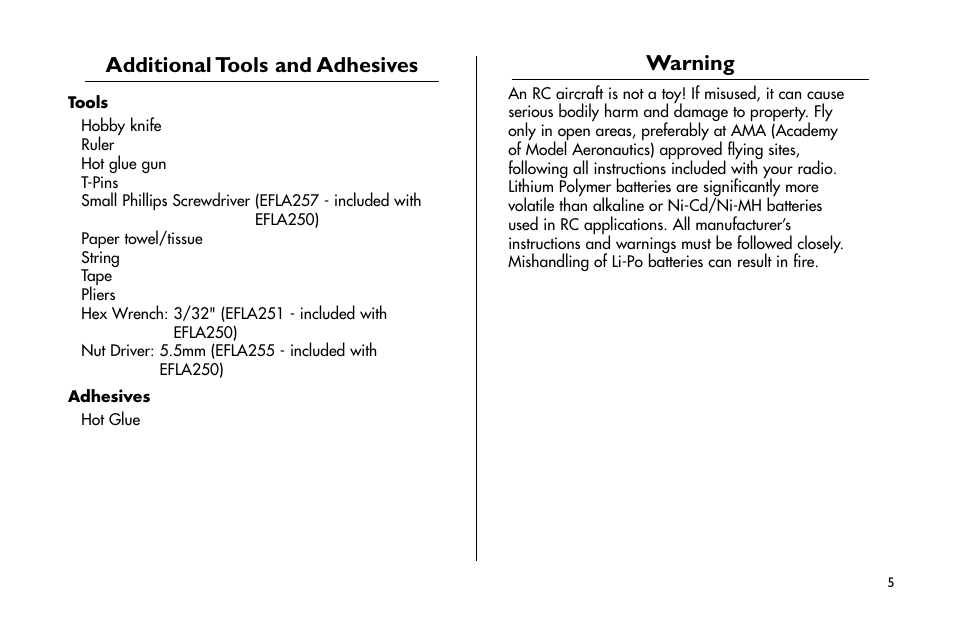Indoor/lightweight outrunner(direct drive) set-up, Warning, Additional tools and adhesives | Indoor/lightweight outrunner (direct drive) set-up | E-flite Yak 54F 3D ARF User Manual | Page 5 / 31