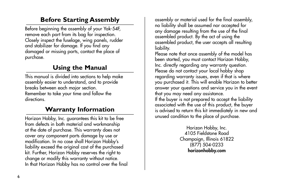 Before starting assembly, Using the manual, Warranty information | E-flite Yak 54F 3D ARF User Manual | Page 6 / 31