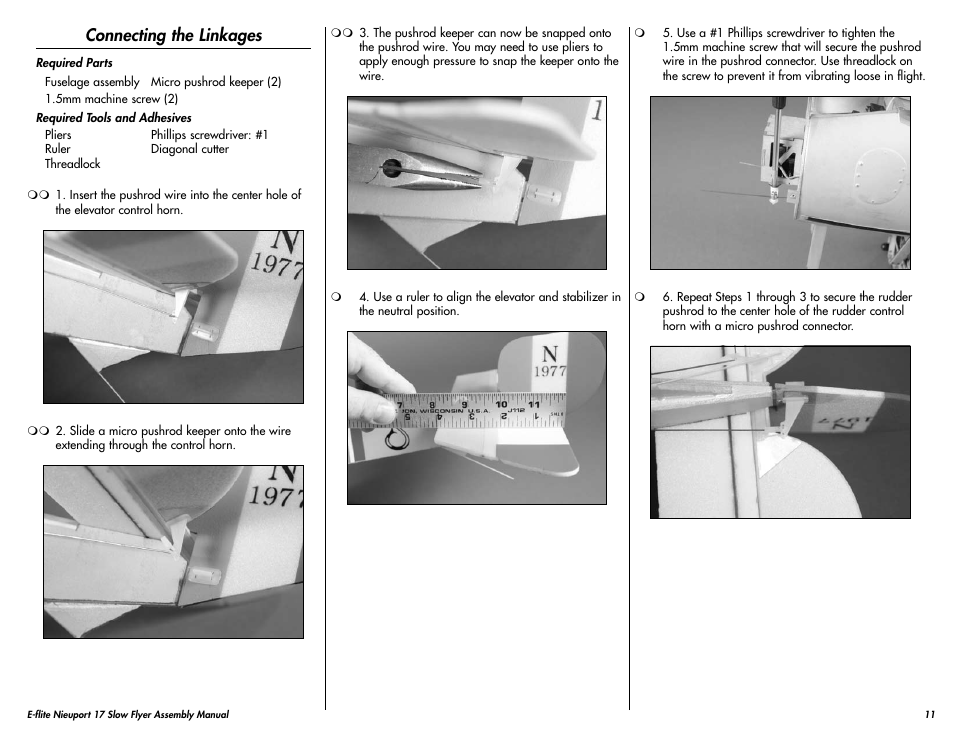 Connecting the linkages | E-flite Nieuport 17 250 ARF User Manual | Page 11 / 28