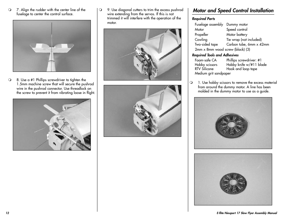 Motor and speed control installation | E-flite Nieuport 17 250 ARF User Manual | Page 12 / 28