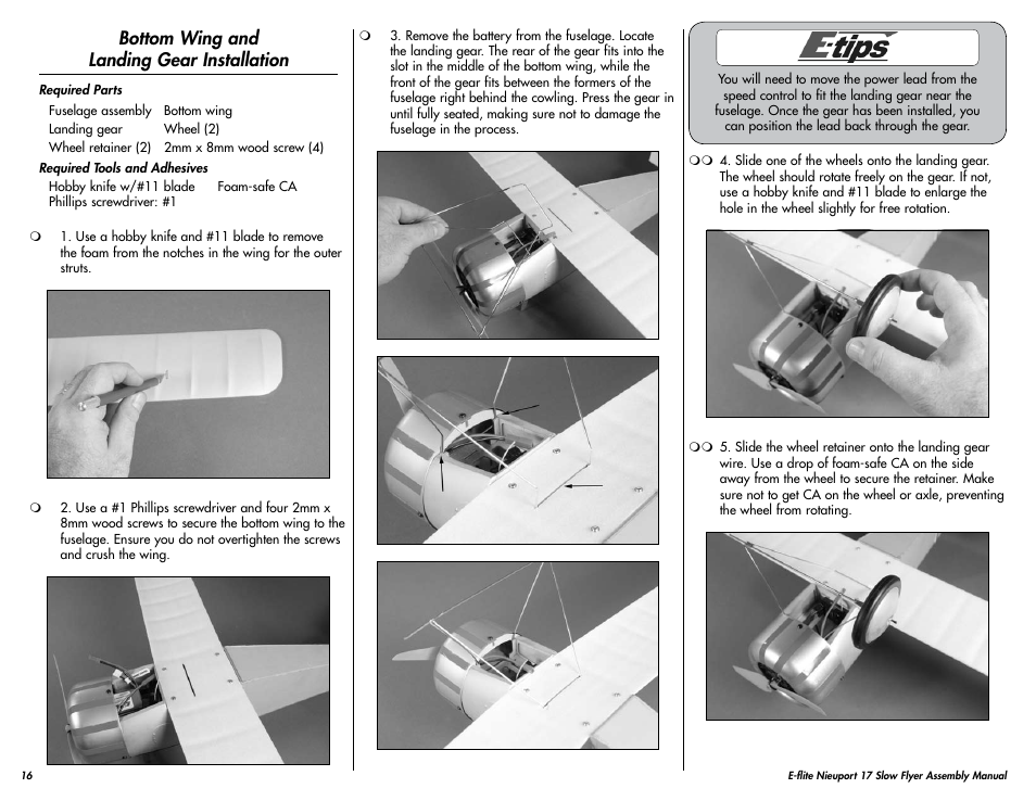 Bottom wing and landing gear installation | E-flite Nieuport 17 250 ARF User Manual | Page 16 / 28