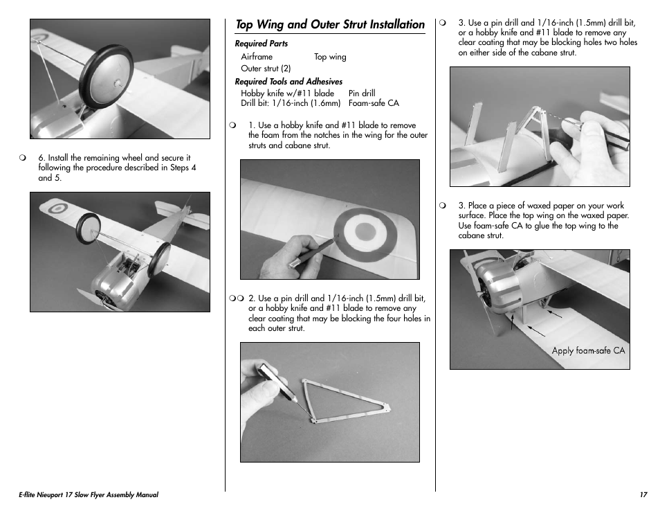 Top wing and outer strut installation | E-flite Nieuport 17 250 ARF User Manual | Page 17 / 28