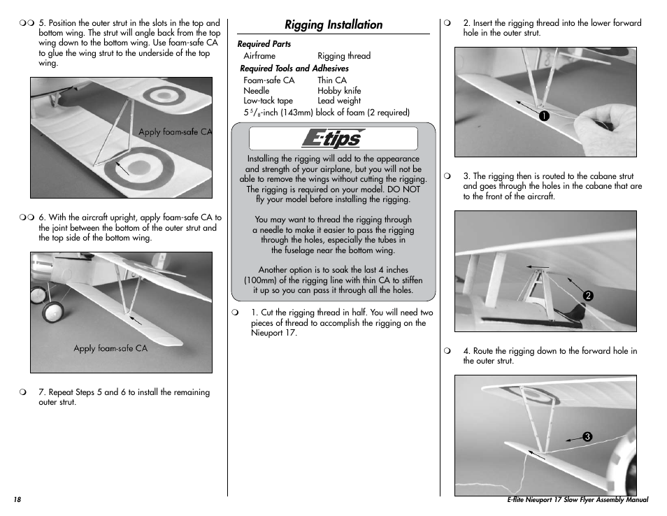 Rigging installation | E-flite Nieuport 17 250 ARF User Manual | Page 18 / 28