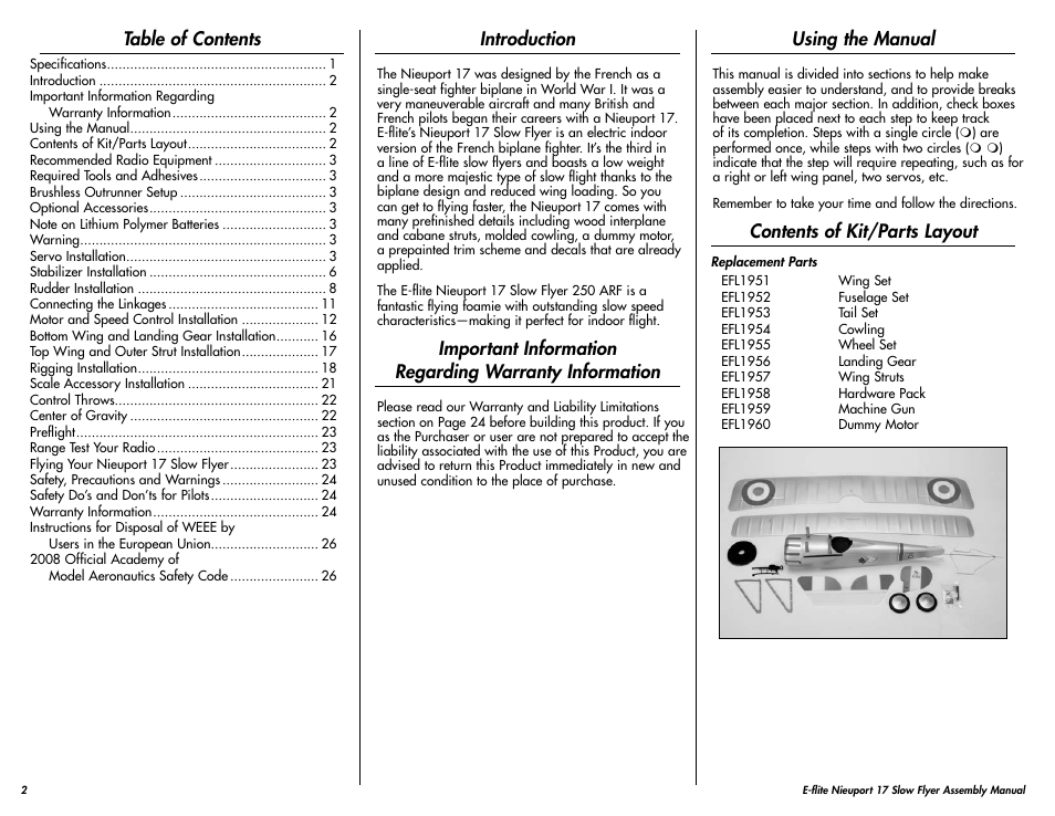 E-flite Nieuport 17 250 ARF User Manual | Page 2 / 28