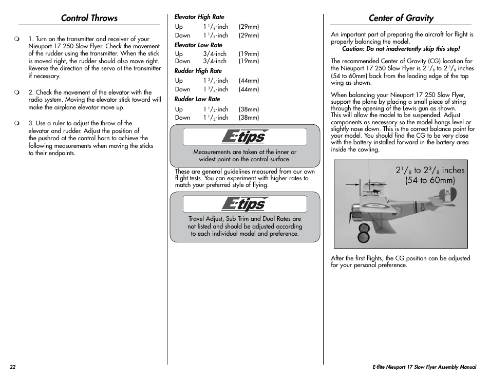 Control throws, Center of gravity | E-flite Nieuport 17 250 ARF User Manual | Page 22 / 28