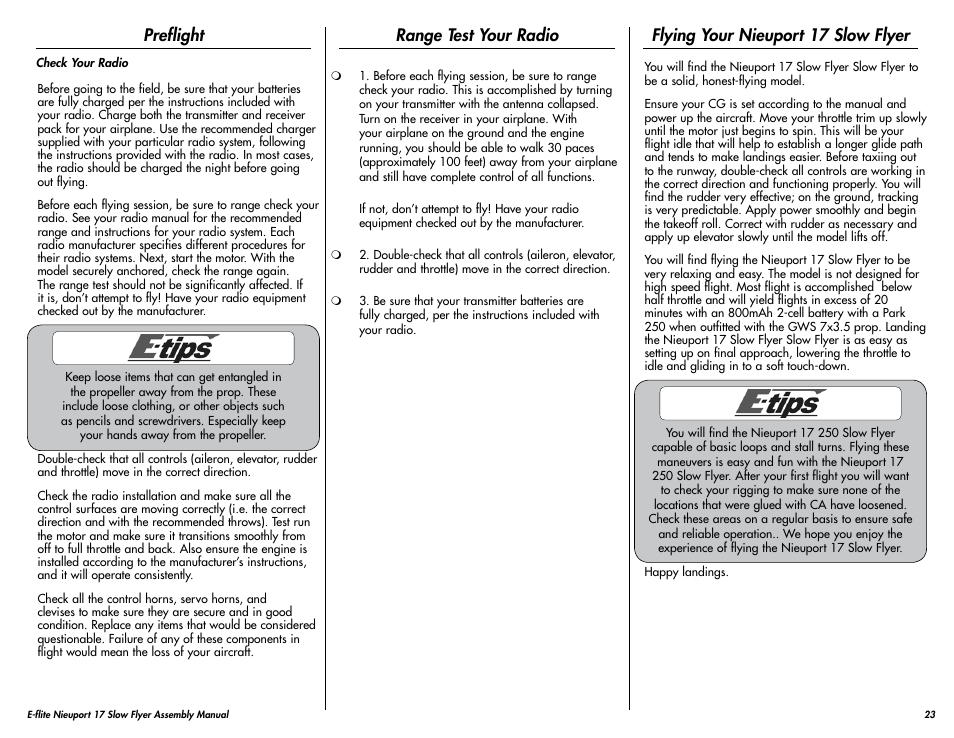 Preflight, Range test your radio, Flying your nieuport 17 slow flyer | E-flite Nieuport 17 250 ARF User Manual | Page 23 / 28