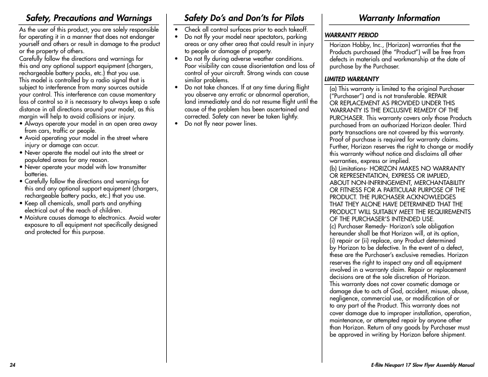 Safety, precautions and warnings, Safety do’s and don’ts for pilots, Warranty information | E-flite Nieuport 17 250 ARF User Manual | Page 24 / 28