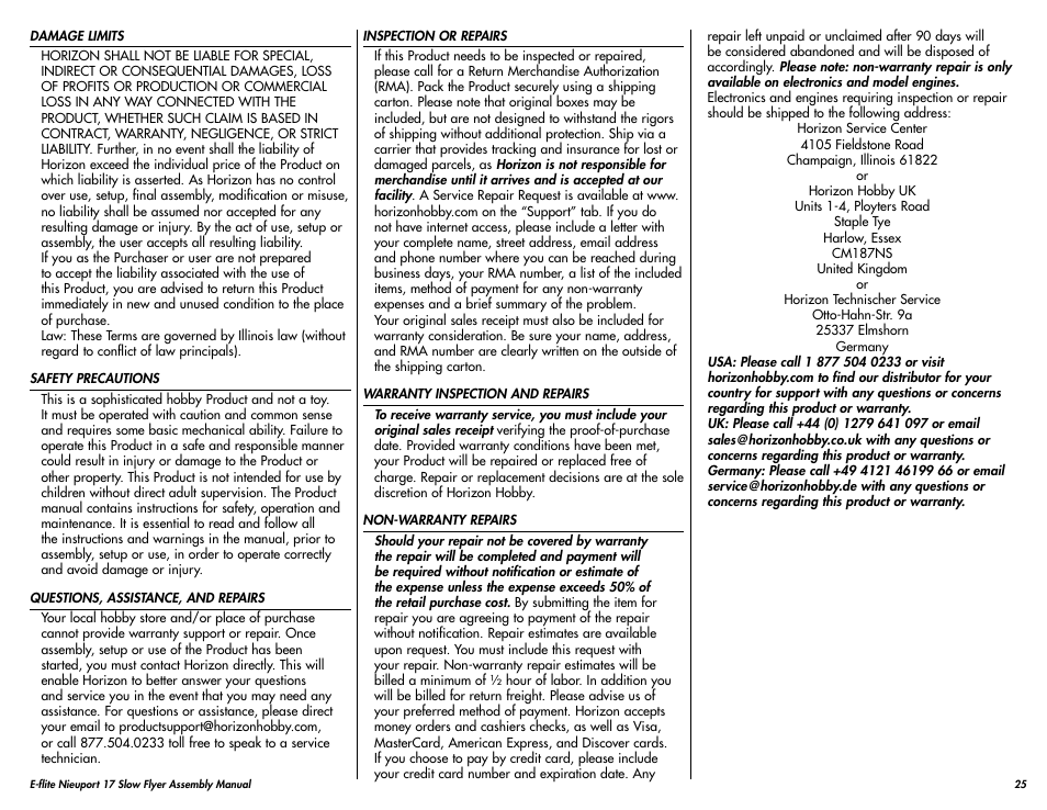 E-flite Nieuport 17 250 ARF User Manual | Page 25 / 28