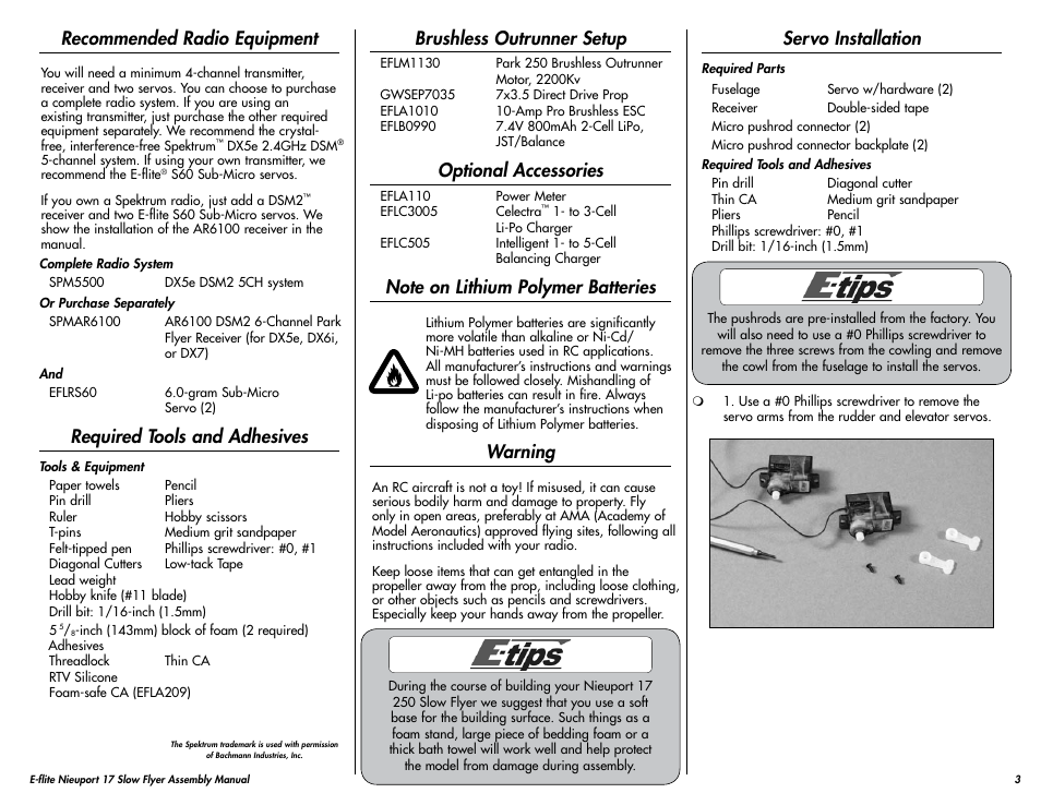 Recommended radio equipment, Required tools and adhesives, Brushless outrunner setup | Optional accessories, Note on lithium polymer batteries, Warning, Servo installation | E-flite Nieuport 17 250 ARF User Manual | Page 3 / 28