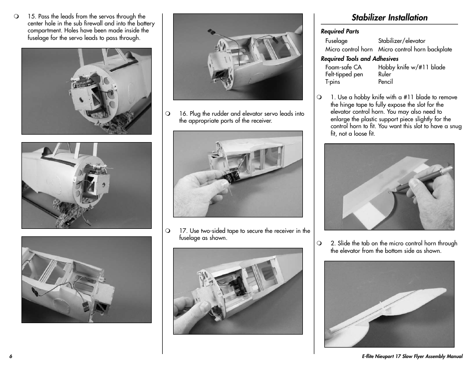 Stabilizer installation | E-flite Nieuport 17 250 ARF User Manual | Page 6 / 28