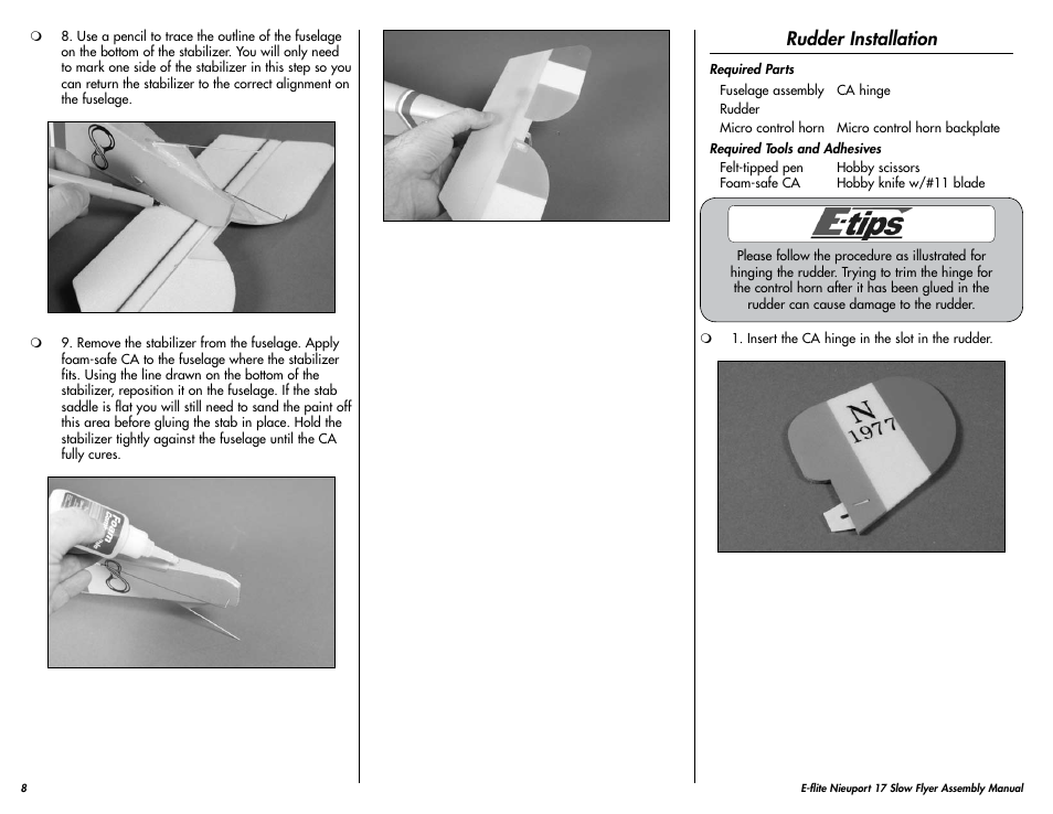 Rudder installation | E-flite Nieuport 17 250 ARF User Manual | Page 8 / 28