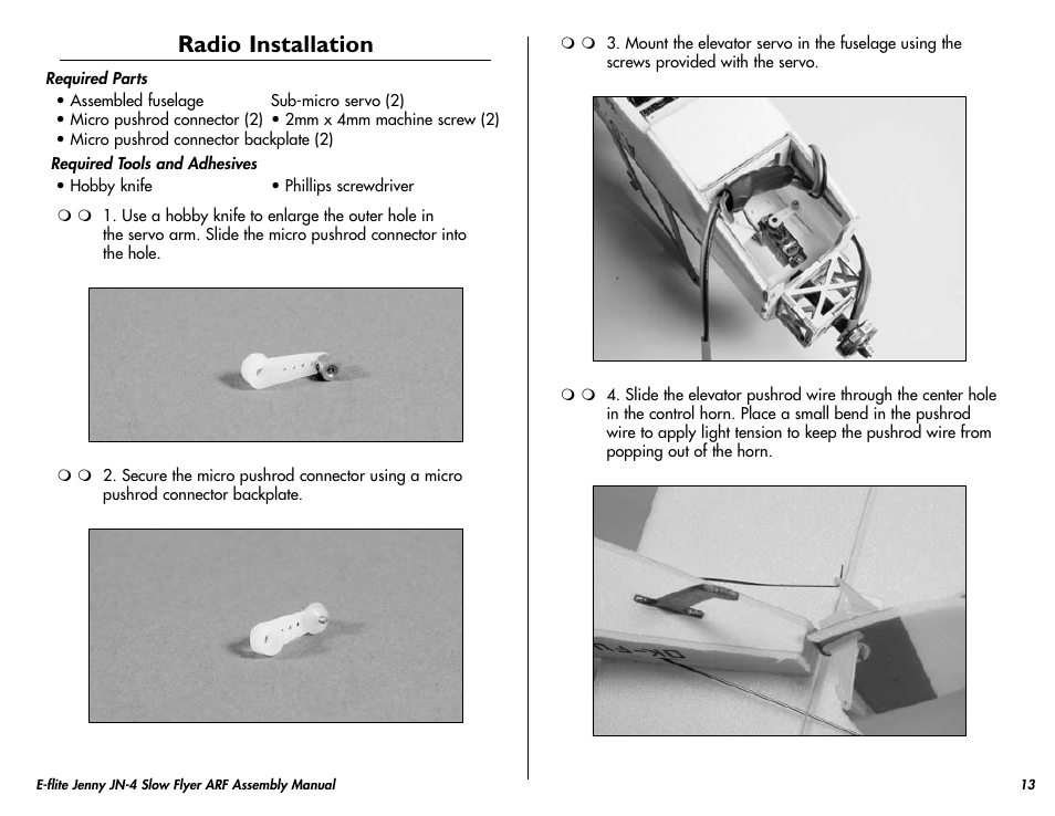 Radio installation | E-flite Jenny JN-4 Slow Flyer 250 ARF User Manual | Page 13 / 28