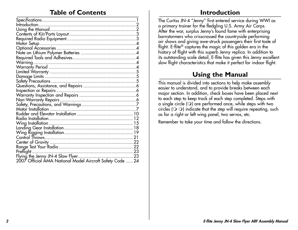 E-flite Jenny JN-4 Slow Flyer 250 ARF User Manual | Page 2 / 28
