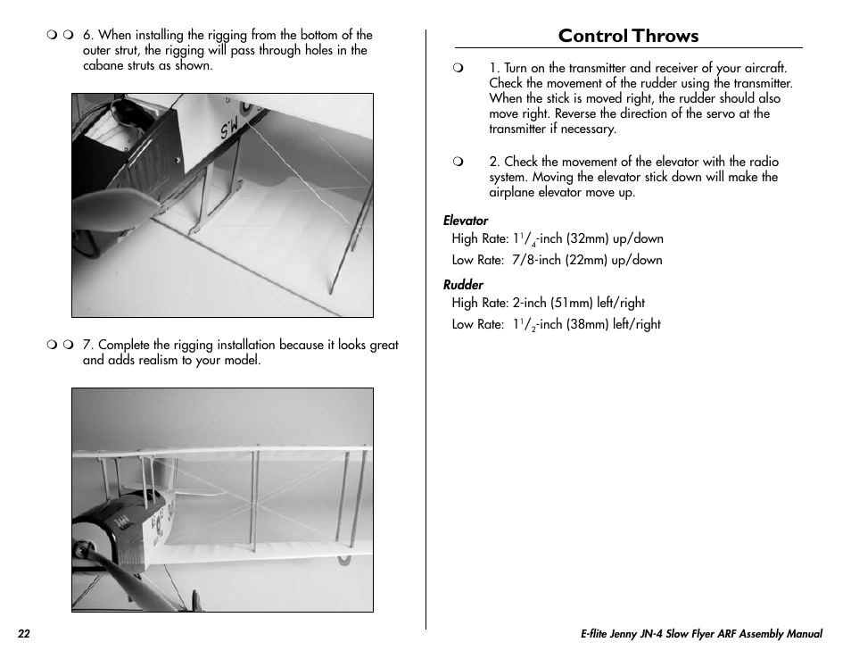 Center of gravity, Range test your radio, Control throws | E-flite Jenny JN-4 Slow Flyer 250 ARF User Manual | Page 22 / 28