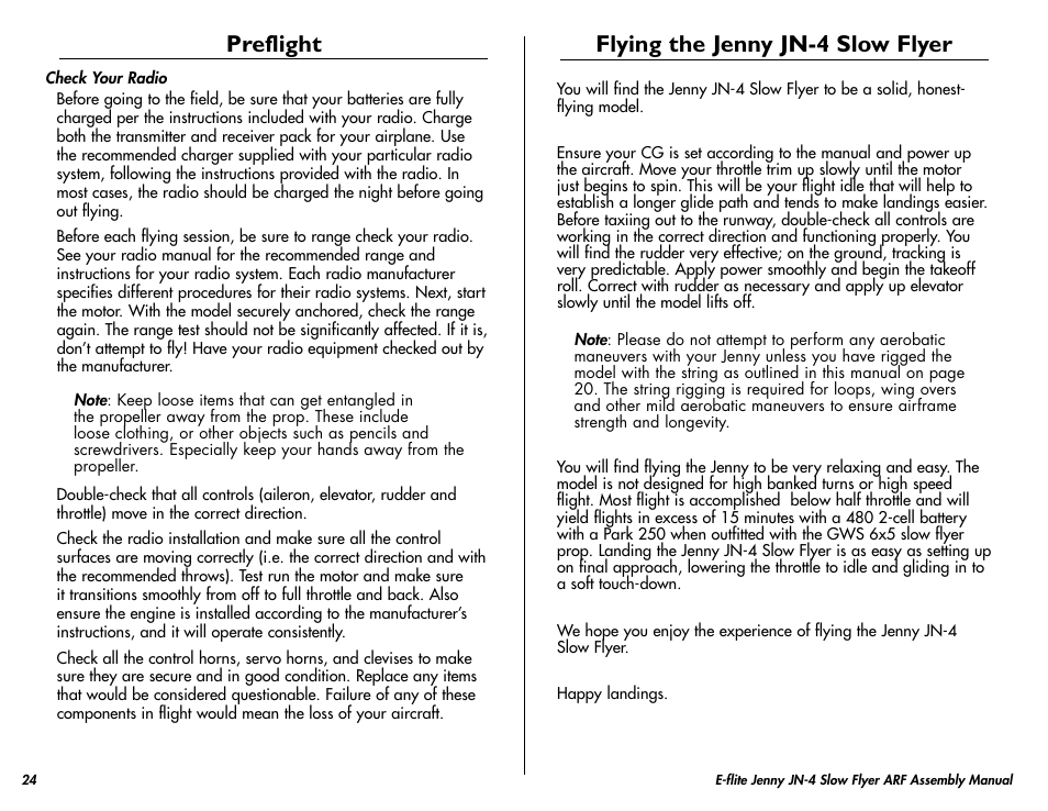 Preflight, Flying the jenny jn-4 slow flyer | E-flite Jenny JN-4 Slow Flyer 250 ARF User Manual | Page 24 / 28