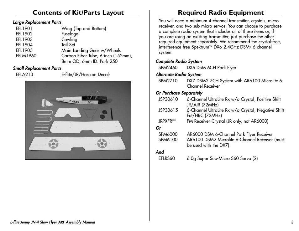 Contents of kit/parts layout, Required radio equipment | E-flite Jenny JN-4 Slow Flyer 250 ARF User Manual | Page 3 / 28