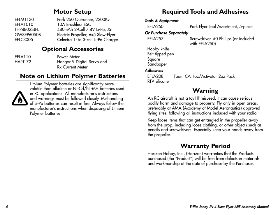 Lightweight indoor setup, Optional accessories, Note on lithium polymer batteries | Required tools and adhesives, Warning, Warranty period, Setup, Motor setup | E-flite Jenny JN-4 Slow Flyer 250 ARF User Manual | Page 4 / 28