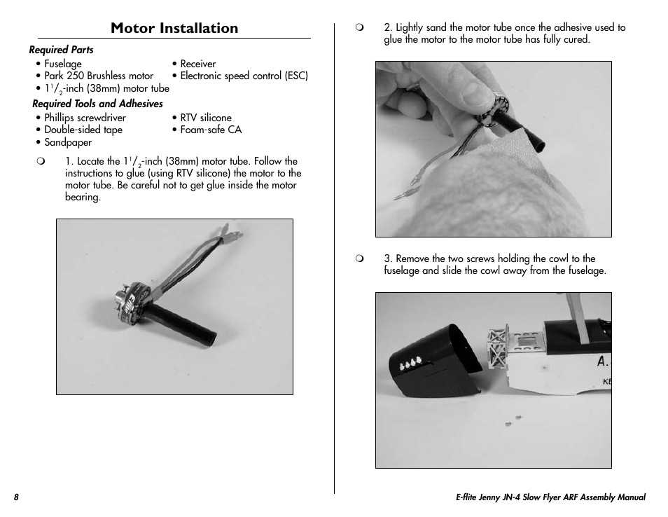 Motor installation | E-flite Jenny JN-4 Slow Flyer 250 ARF User Manual | Page 8 / 28