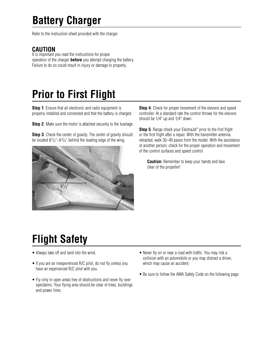 Prior to first flight flight safety, Battery charger, Caution | E-flite ElectraJet EP w/ESC & Delta Mix User Manual | Page 13 / 16