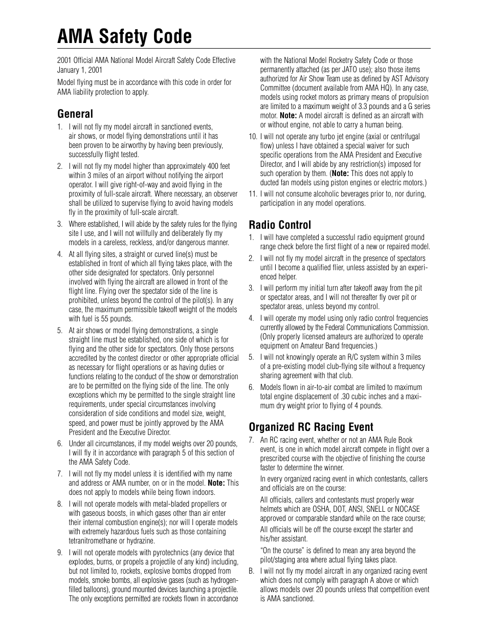 Ama safety code, General, Radio control | Organized rc racing event | E-flite ElectraJet EP w/ESC & Delta Mix User Manual | Page 14 / 16