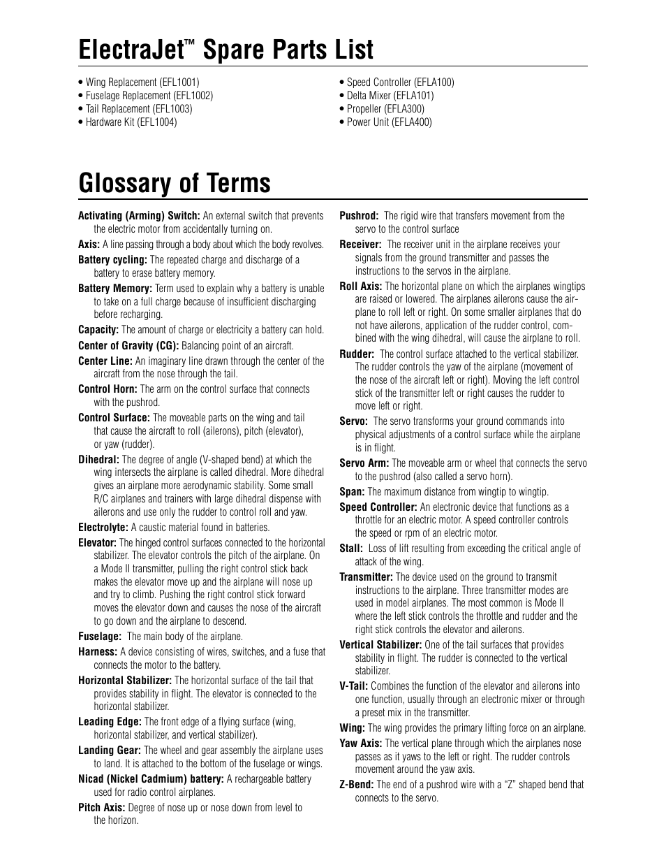 Electrajet, Spare parts list glossary of terms | E-flite ElectraJet EP w/ESC & Delta Mix User Manual | Page 15 / 16