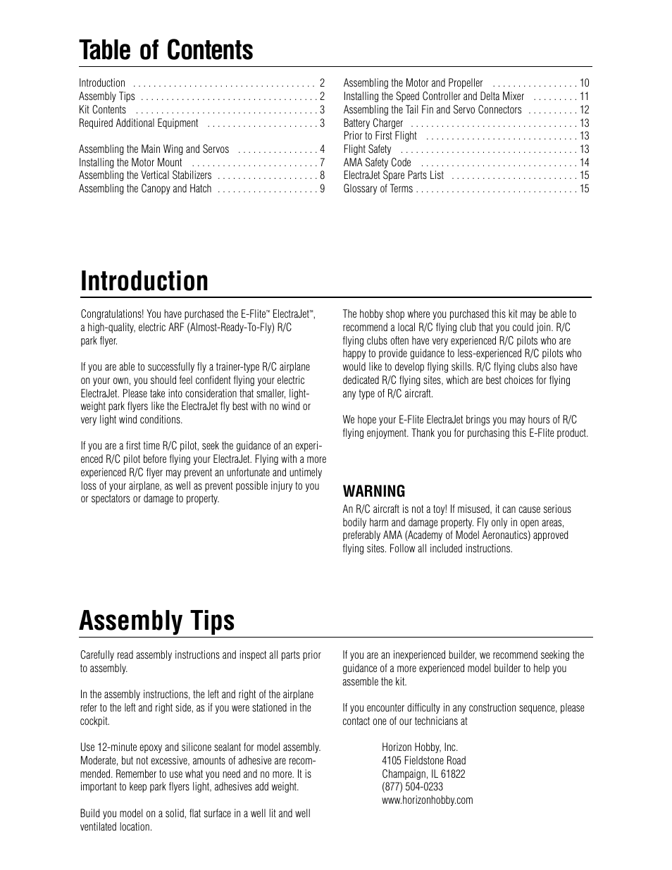 Introduction table of contents, Assembly tips, Warning | E-flite ElectraJet EP w/ESC & Delta Mix User Manual | Page 2 / 16