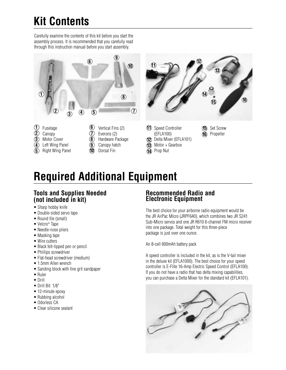 Required additional equipment kit contents, Tools and supplies needed (not included in kit), Not included in kit) | Recommended radio and electronic equipment | E-flite ElectraJet EP w/ESC & Delta Mix User Manual | Page 3 / 16