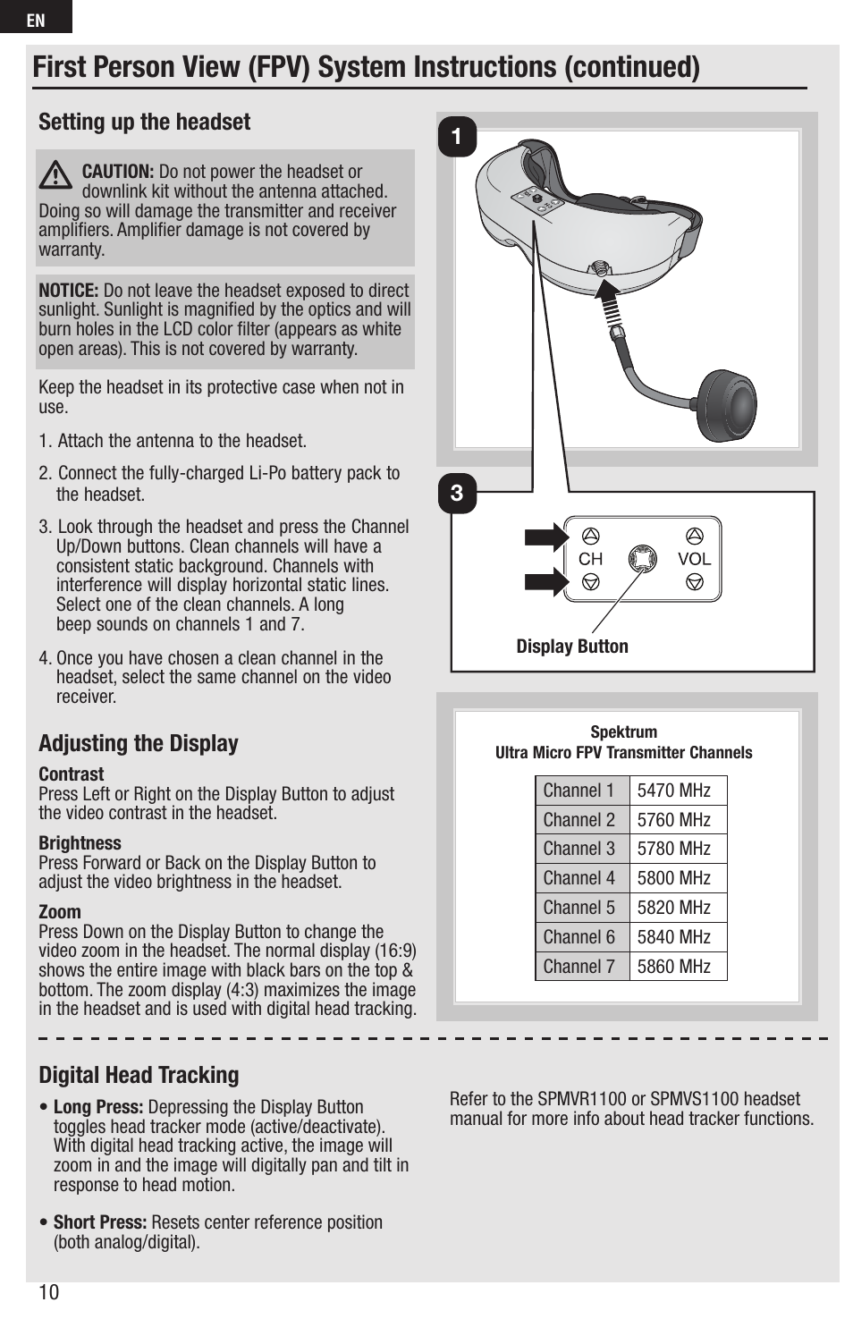 Setting up the headset, Adjusting the display, Digital head tracking | E-flite FPV Vapor RTF W/ Headset User Manual | Page 10 / 17