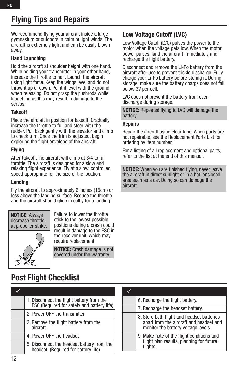 Flying tips and repairs, Post flight checklist, Low voltage cutoff (lvc) | E-flite FPV Vapor RTF W/ Headset User Manual | Page 12 / 17