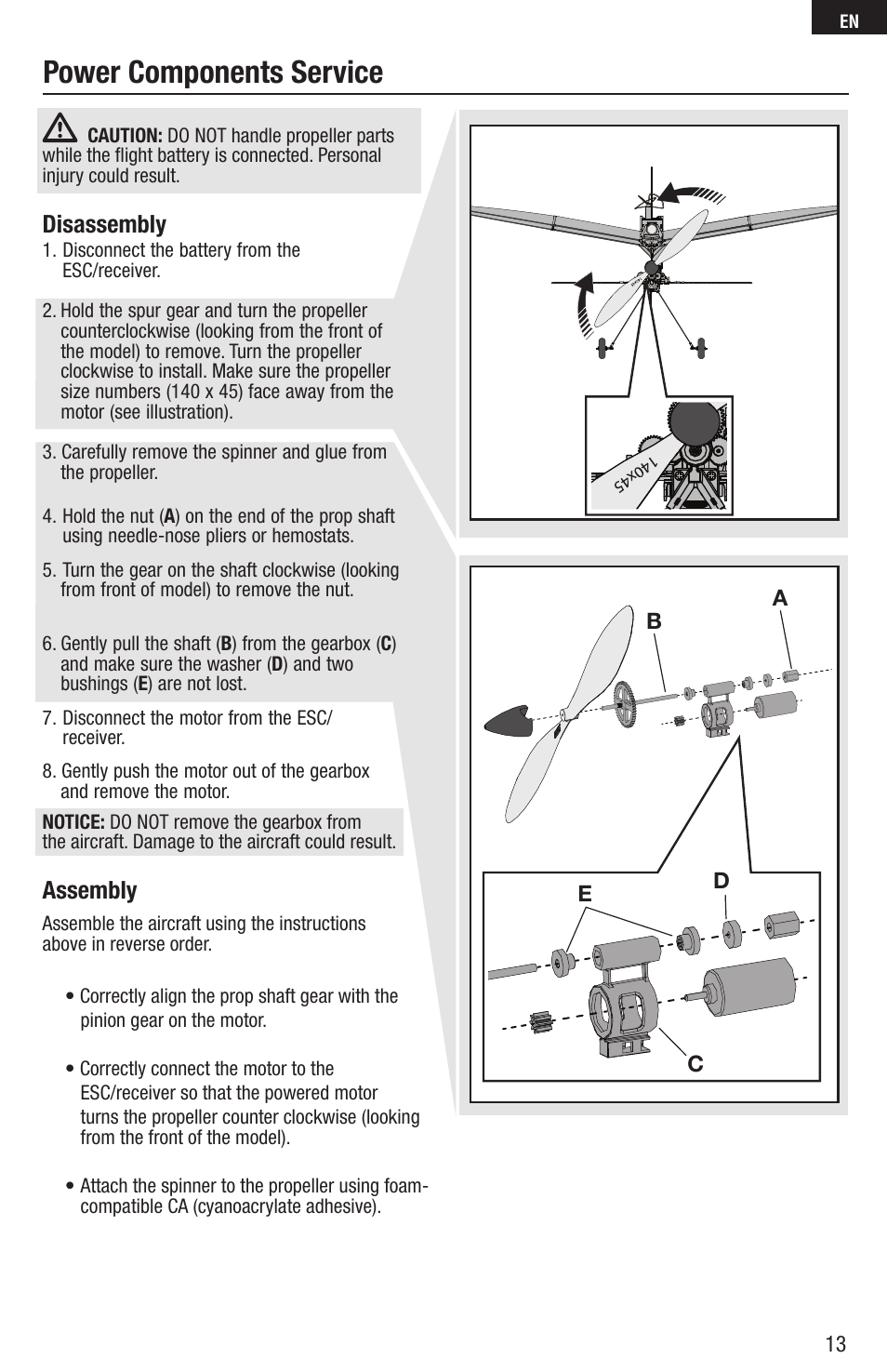 Power components service, Disassembly, Assembly | E-flite FPV Vapor RTF W/ Headset User Manual | Page 13 / 17