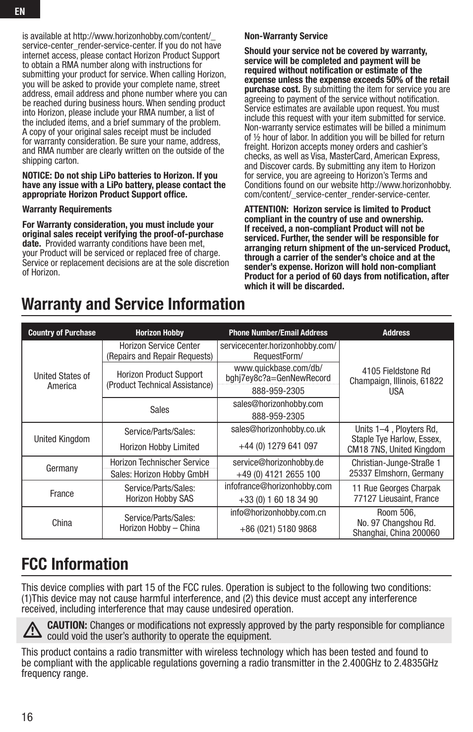 Warranty and service information, Fcc information | E-flite FPV Vapor RTF W/ Headset User Manual | Page 16 / 17