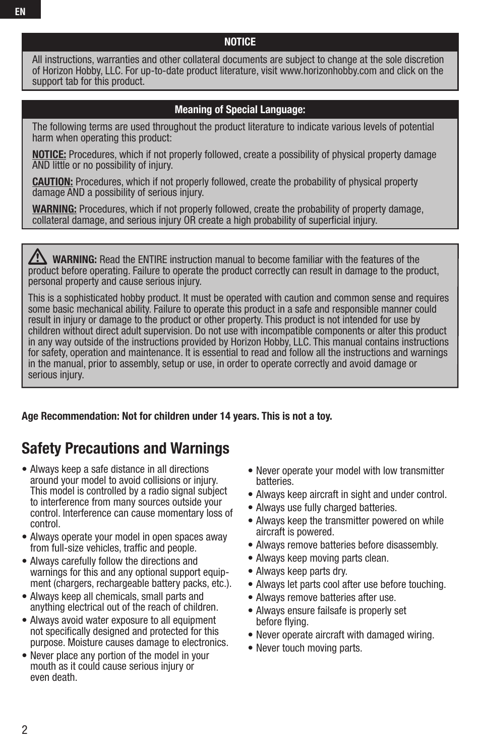 Safety precautions and warnings | E-flite FPV Vapor RTF W/ Headset User Manual | Page 2 / 17