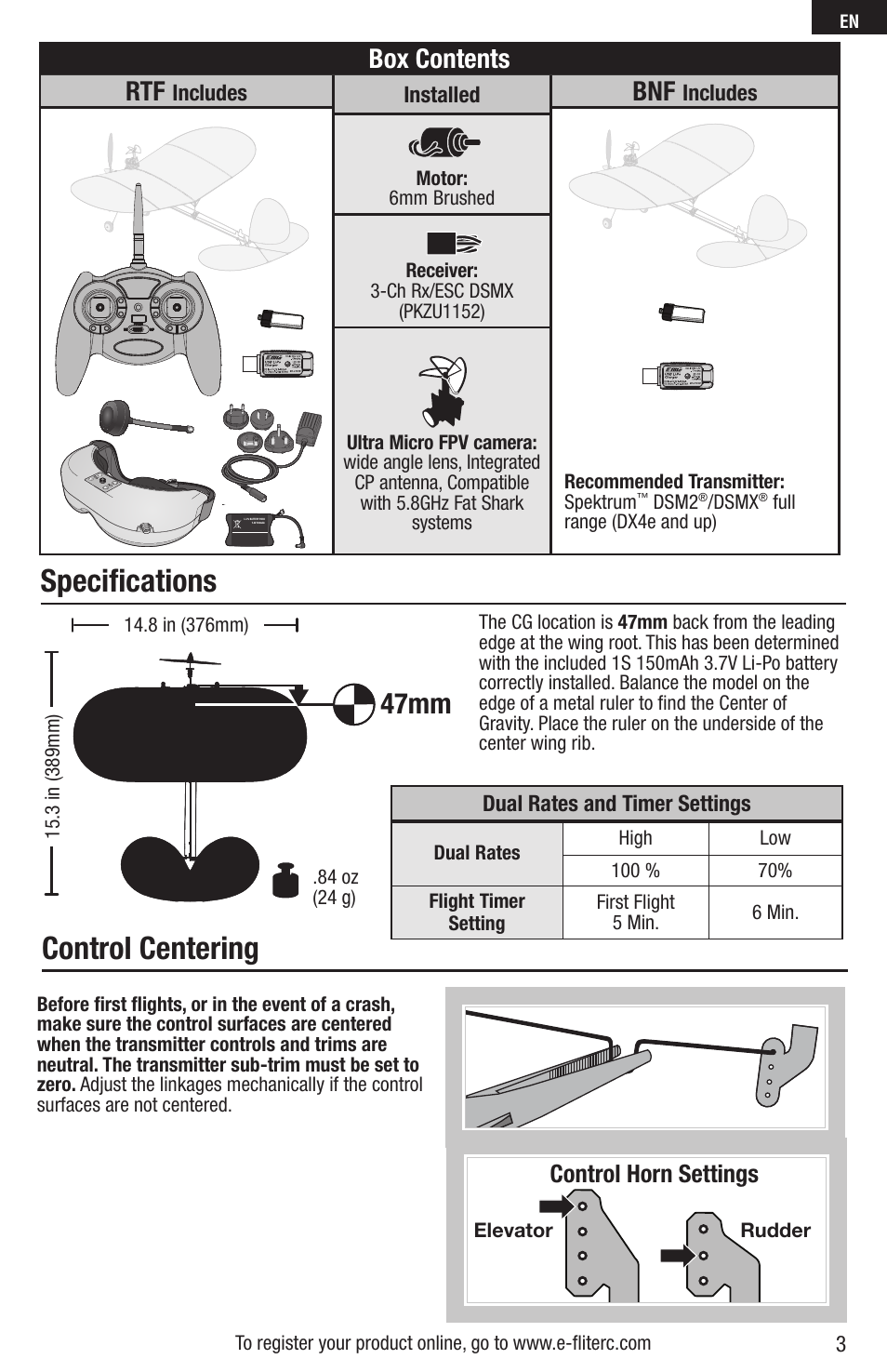 Specifications, Control centering, 47mm | Box contents rtf, Control horn settings, Includes installed, Includes, Dual rates and timer settings | E-flite FPV Vapor RTF W/ Headset User Manual | Page 3 / 17