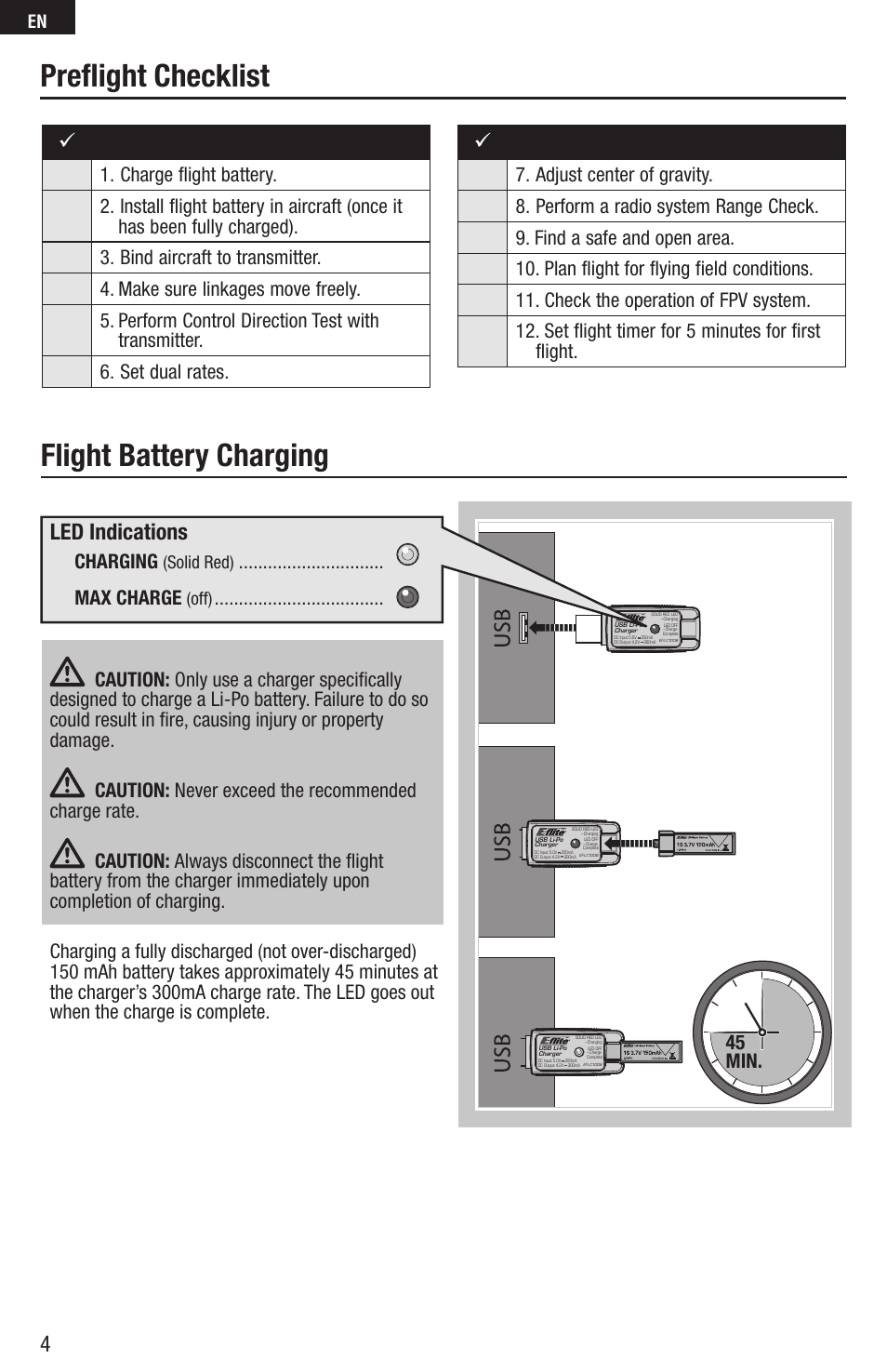 Flight battery charging, Preflight checklist, Led indications | Charging, Max charge, Solid red), Off) | E-flite FPV Vapor RTF W/ Headset User Manual | Page 4 / 17
