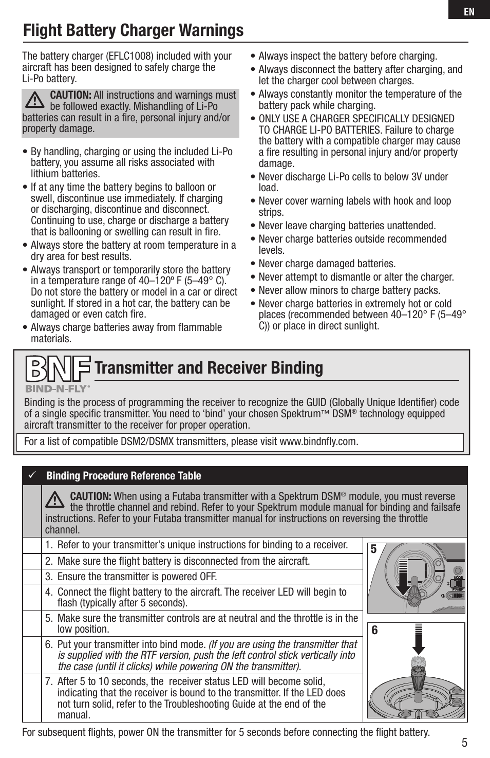 Flight battery charger warnings, Transmitter and receiver binding | E-flite FPV Vapor RTF W/ Headset User Manual | Page 5 / 17