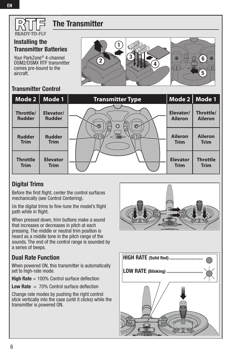 The transmitter, Installing the transmitter batteries, Digital trims | Mode 2 mode 1 transmitter type mode 2 mode 1, Dual rate function, Transmitter control | E-flite FPV Vapor RTF W/ Headset User Manual | Page 6 / 17