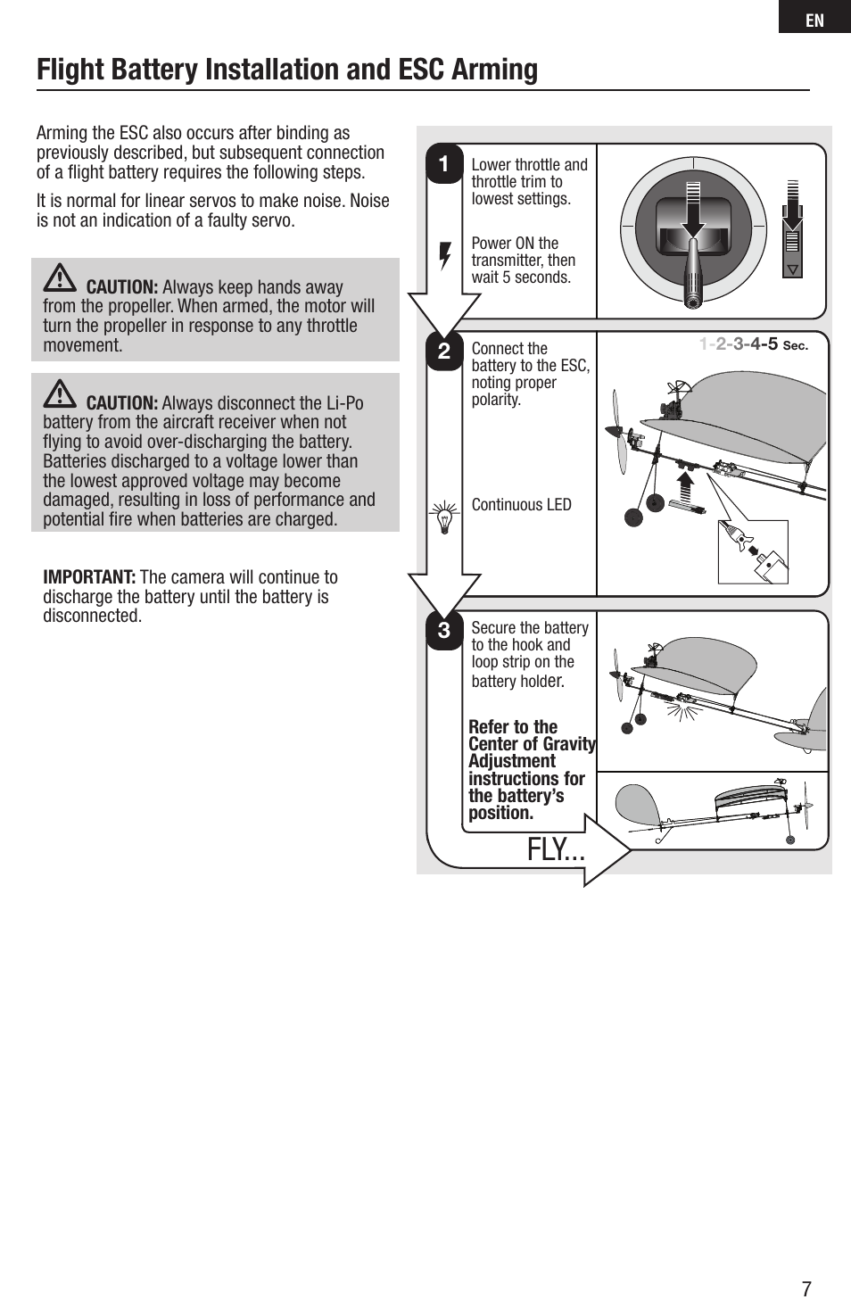 Flight battery installation and esc arming | E-flite FPV Vapor RTF W/ Headset User Manual | Page 7 / 17