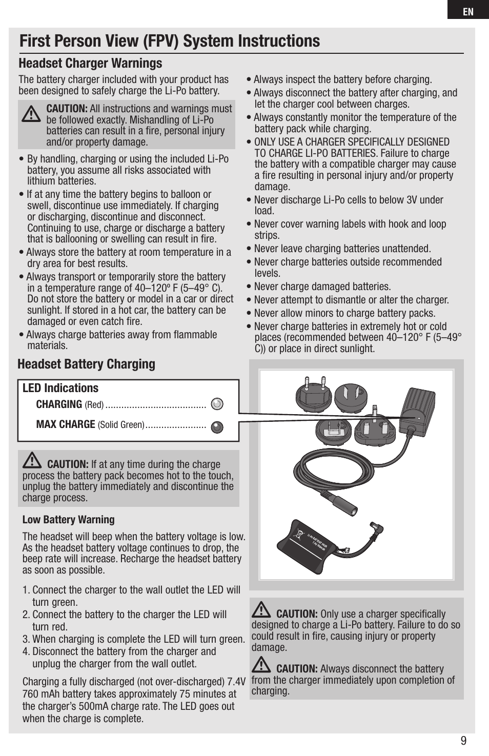 First person view (fpv) system instructions, Headset battery charging, Headset charger warnings | Led indications | E-flite FPV Vapor RTF W/ Headset User Manual | Page 9 / 17